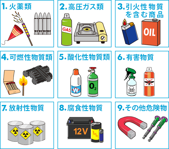 1. 火薬類 / 2. 高圧ガス類 / 3. 引火性物質を含む商品 / 4. 可燃性物質類 / 5. 酸化性物質類 / 6. 有害物質 / 7. 放射性物質 / 8. 腐食性物質 / 9. その他危険物